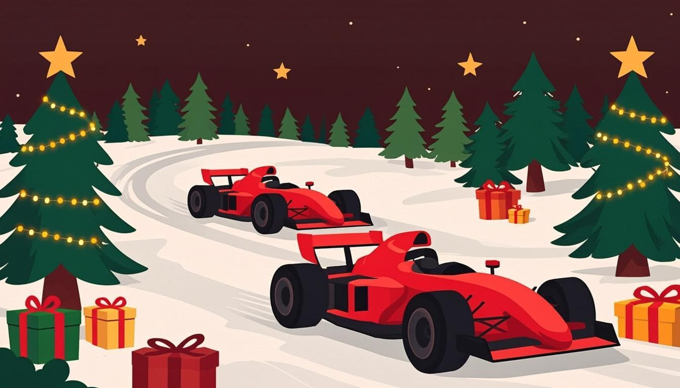 Ilustración del juego Love Racing: dos coches juguetones compitiendo en un circuito nevado